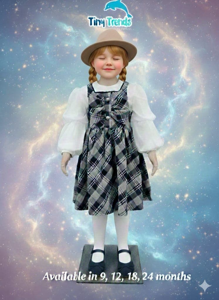 Classic Plaid Pinafore & Balloon Sleeve Blouse Set
